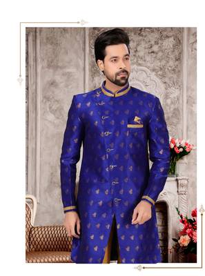 Royal blue havy jackard with zari work mens indo western sherwani 2