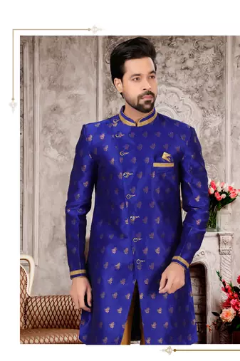 Royal blue havy jackard with zari work mens indo western sherwani