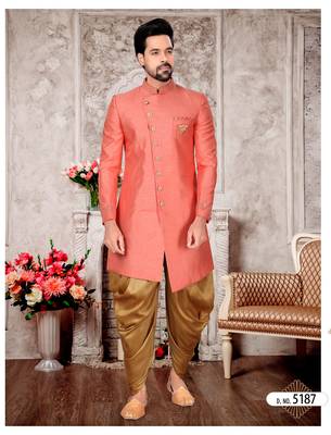 Peach slub silk with hand work mens indo western sherwani 1