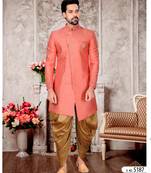 Peach slub silk with hand work mens indo western sherwani