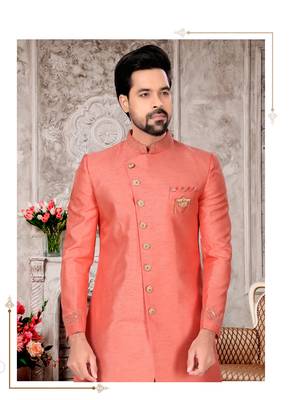 Peach slub silk with hand work mens indo western sherwani 2