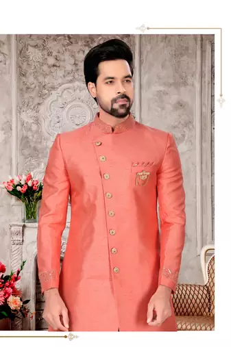 Peach slub silk with hand work mens indo western sherwani