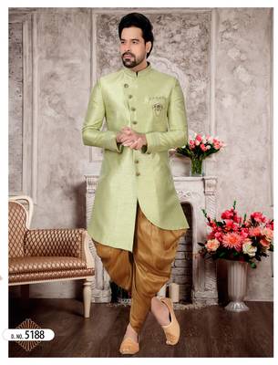 Light mehandi slub silk with hand work mens indo western sherwani 1