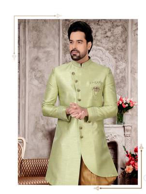 Light mehandi slub silk with hand work mens indo western sherwani 2
