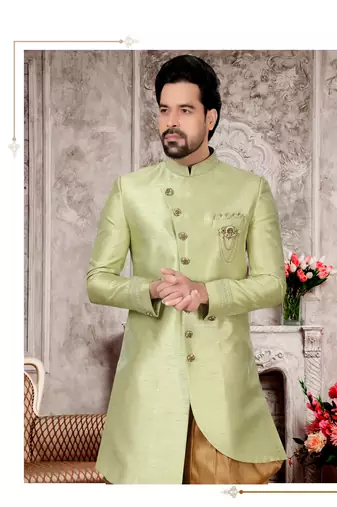 Light mehandi slub silk with hand work mens indo western sherwani