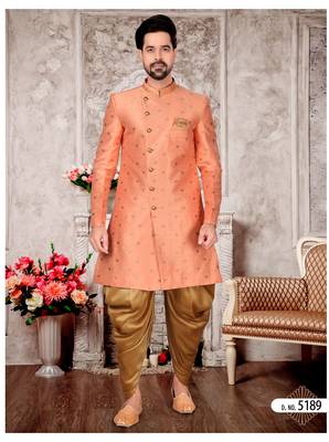 Peach havy jackard with zari work mens indo western sherwani 1