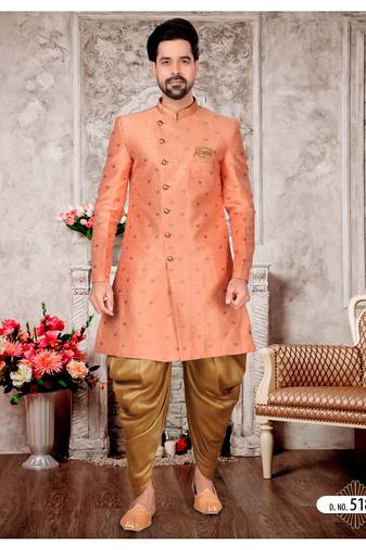 Peach havy jackard with zari work mens indo western sherwani