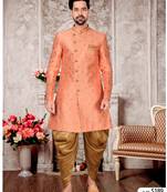 Peach havy jackard with zari work mens indo western sherwani