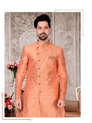 Peach havy jackard with zari work mens indo western sherwani 2