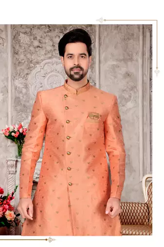 Peach havy jackard with zari work mens indo western sherwani