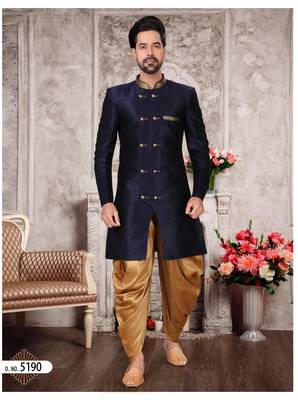 Nevy blue brocade silk mens indo western sherwani 1