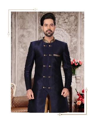 Nevy blue brocade silk mens indo western sherwani 2