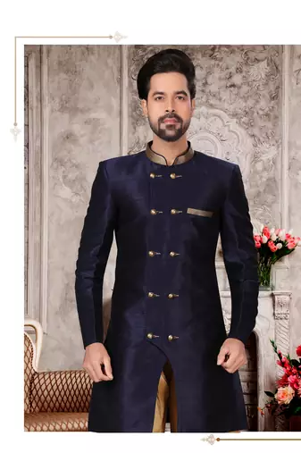 Nevy blue brocade silk mens indo western sherwani