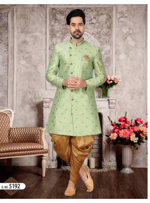 Sea green havy jackard with zari work mens indo western sherwani 1