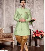 Sea green havy jackard with zari work mens indo western sherwani