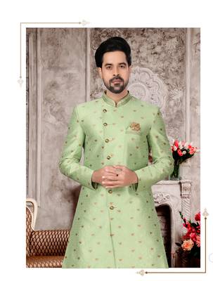 Sea green havy jackard with zari work mens indo western sherwani 2
