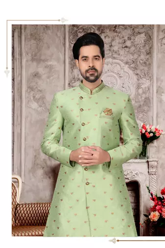 Sea green havy jackard with zari work mens indo western sherwani