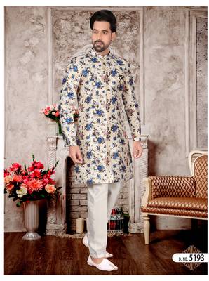 Off white to blue jackard digital printed  mens indo western sherwani 1