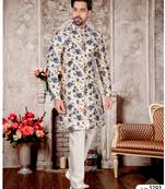 Off white to blue jackard digital printed  mens indo western sherwani