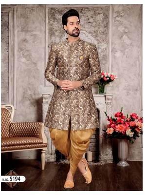 Coffee to creem jackard digital printed  mens indo western sherwani 1