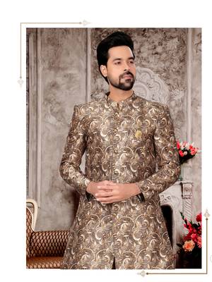 Coffee to creem jackard digital printed  mens indo western sherwani 2