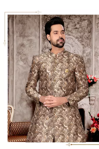 Coffee to creem jackard digital printed  mens indo western sherwani