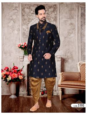 avy Blue Jacquard Indo Western Sherwani with Hand Zari Embroidery 1