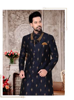 avy Blue Jacquard Indo Western Sherwani with Hand Zari Embroidery 2