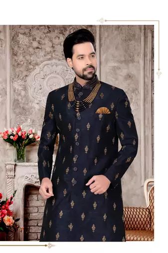 avy Blue Jacquard Indo Western Sherwani with Hand Zari Embroidery