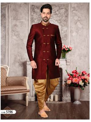 Dark maroon brocade silk mens indo western sherwani 1