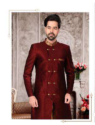 Dark maroon brocade silk mens indo western sherwani 2