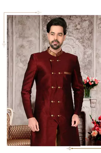 Dark maroon brocade silk mens indo western sherwani