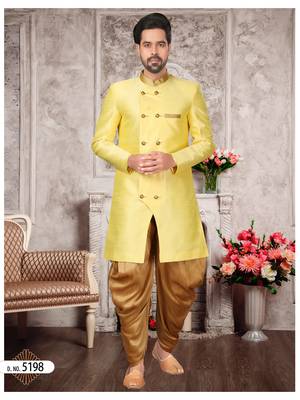 Yellow brocade silk mens indo western sherwani 1