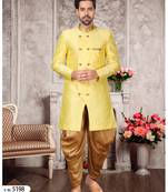 Yellow brocade silk mens indo western sherwani