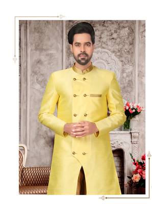 Yellow brocade silk mens indo western sherwani 2
