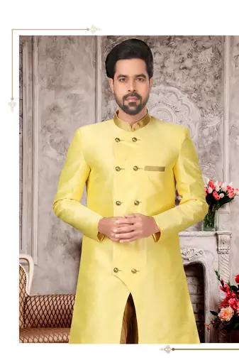 Yellow brocade silk mens indo western sherwani