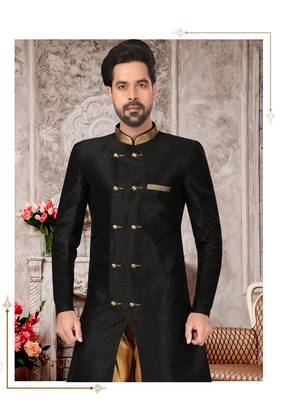 Black brocade silk mens indo western sherwani 2