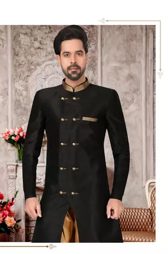 Black brocade silk mens indo western sherwani