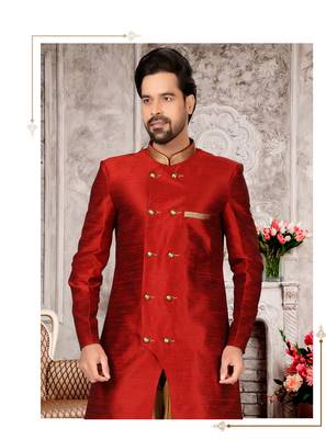 Maroon brocade silk mens indo western sherwani 2