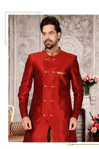 Maroon brocade silk mens indo western sherwani