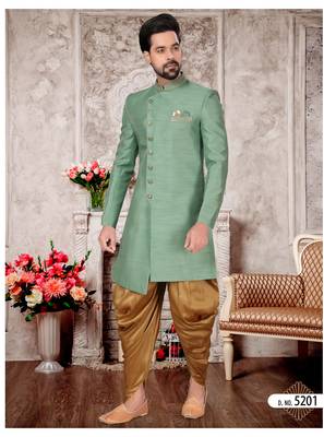Pastal green slub silk with hand work mens indo western sherwani 1