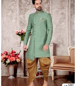 Pastal green slub silk with hand work mens indo western sherwani