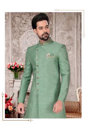 Pastal green slub silk with hand work mens indo western sherwani 2
