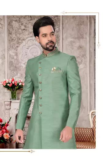Pastal green slub silk with hand work mens indo western sherwani