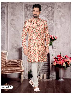 Cream to red jackard digital printed with hand work mens indo western sherwani 1
