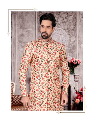 Cream to red jackard digital printed with hand work mens indo western sherwani 2