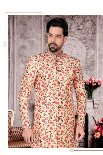 Cream to red jackard digital printed with hand work mens indo western sherwani