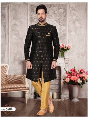 Black havy jackard with zari work & hand work mens indo western sherwani 1