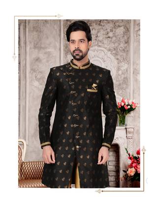 Black havy jackard with zari work & hand work mens indo western sherwani 2