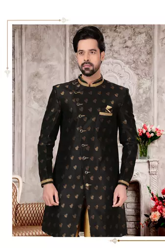 Black havy jackard with zari work & hand work mens indo western sherwani